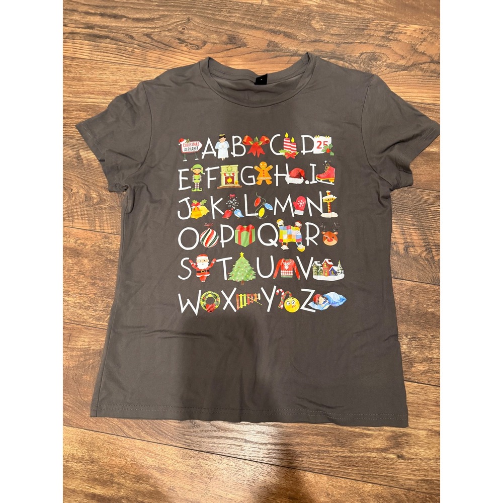 SHEIN Christmas Alphabet Graphic T-Shirt Charcoal Gray Holiday Short Sleeve M